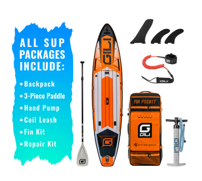 GILI 12' Adventure Inflatable Paddle Board Package in Orange with accessories