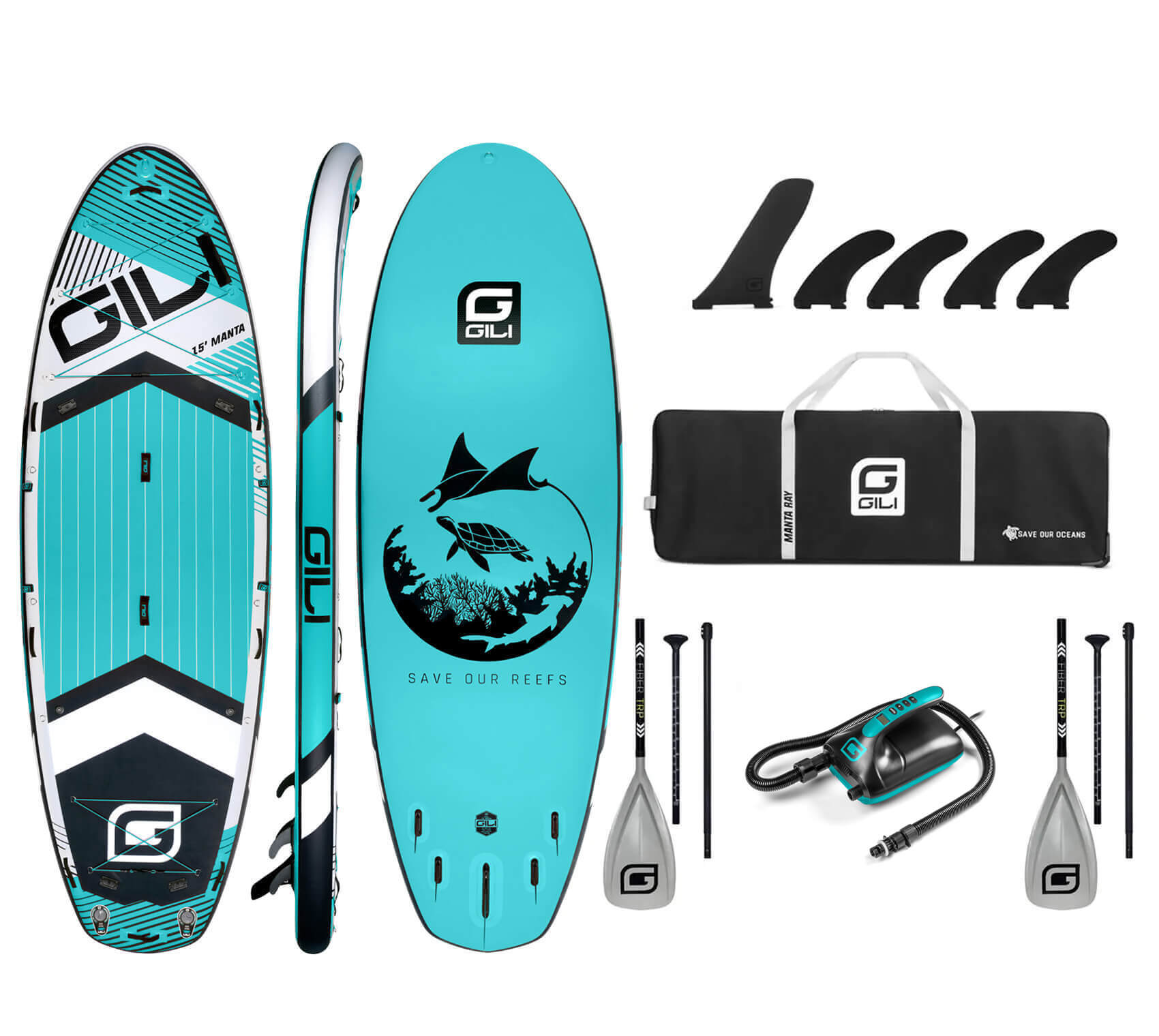 15' Manta Ray SUP (Teal) Package with Electric Pump