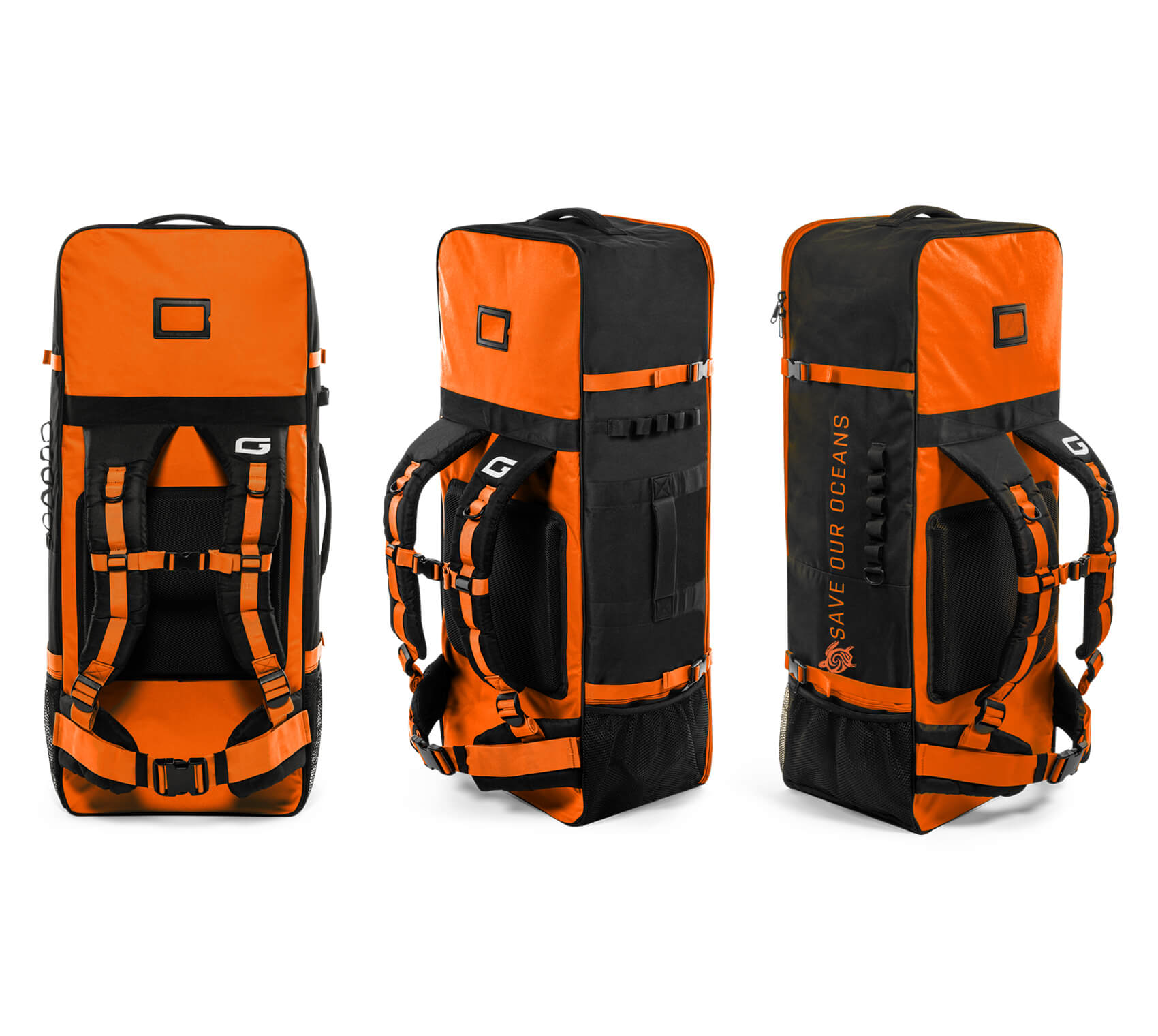 GILI inflatable paddle board backpack in Orange with fin pocket