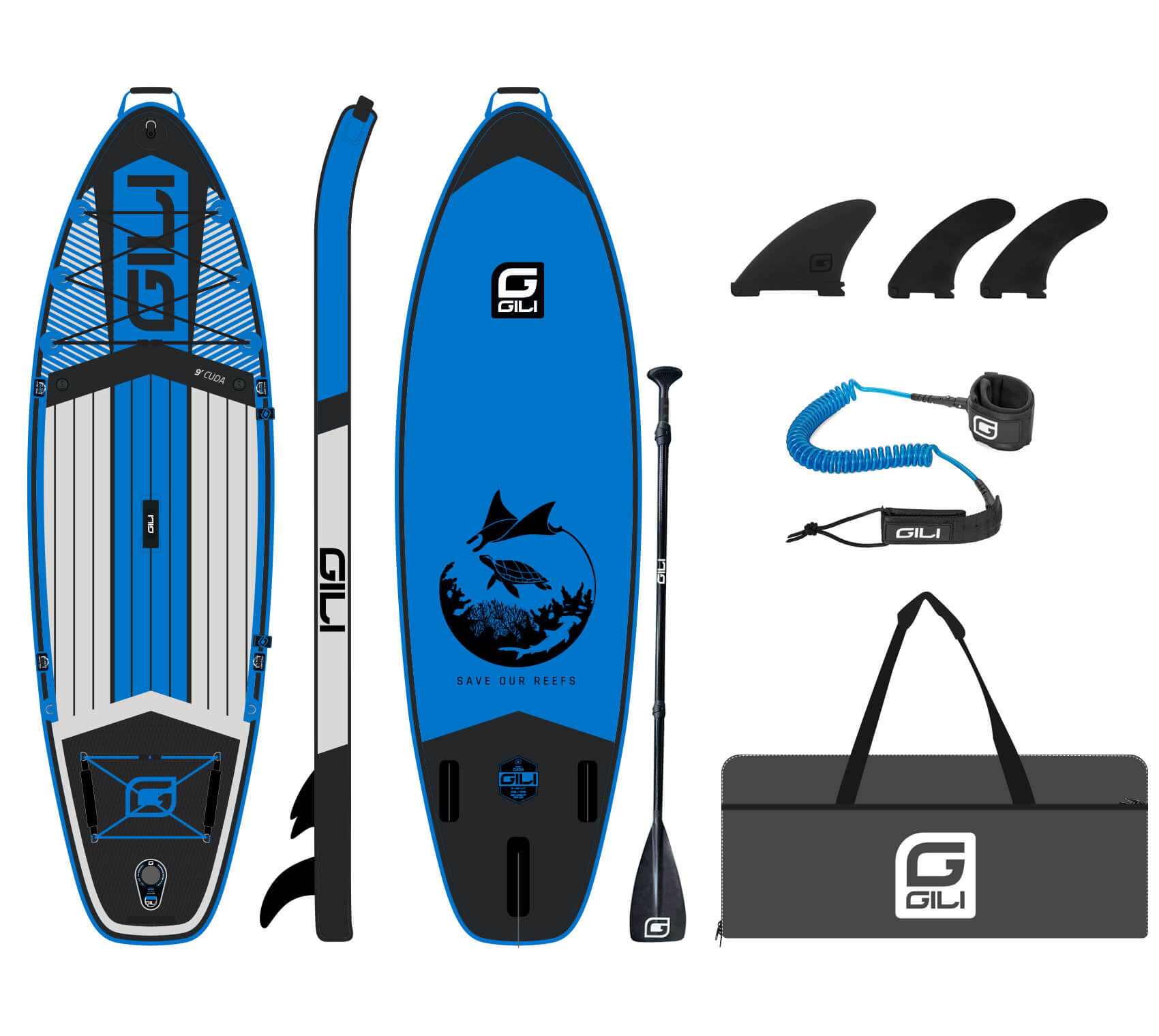GILI 9' Cuda inflatable paddle board package without pump in Blue