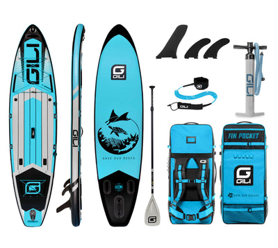 GILI 11' Adventure Inflatable Paddle Board Package in Blue with accessories