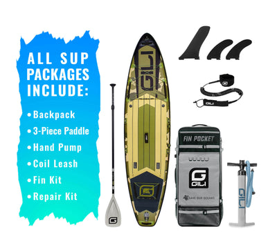 GILI 11' Adventure Inflatable Paddle Board Package in Camo with accessories