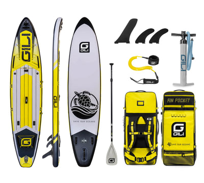 GILI 11' Adventure Inflatable Paddle Board Package in Yellow with accessories