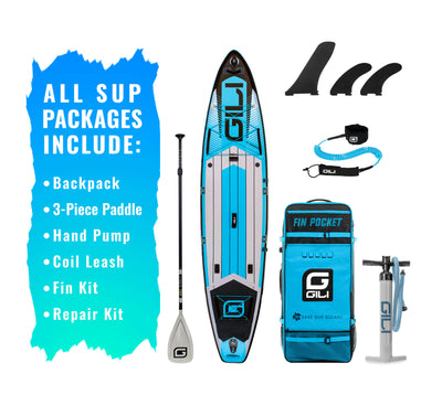 GILI 12' Adventure Inflatable Paddle Board Package in Blue with accessories