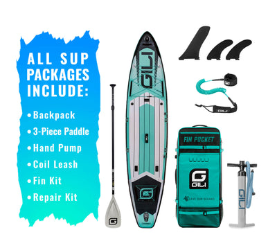 GILI 12' Adventure Inflatable Paddle Board Package in Teal with accessories
