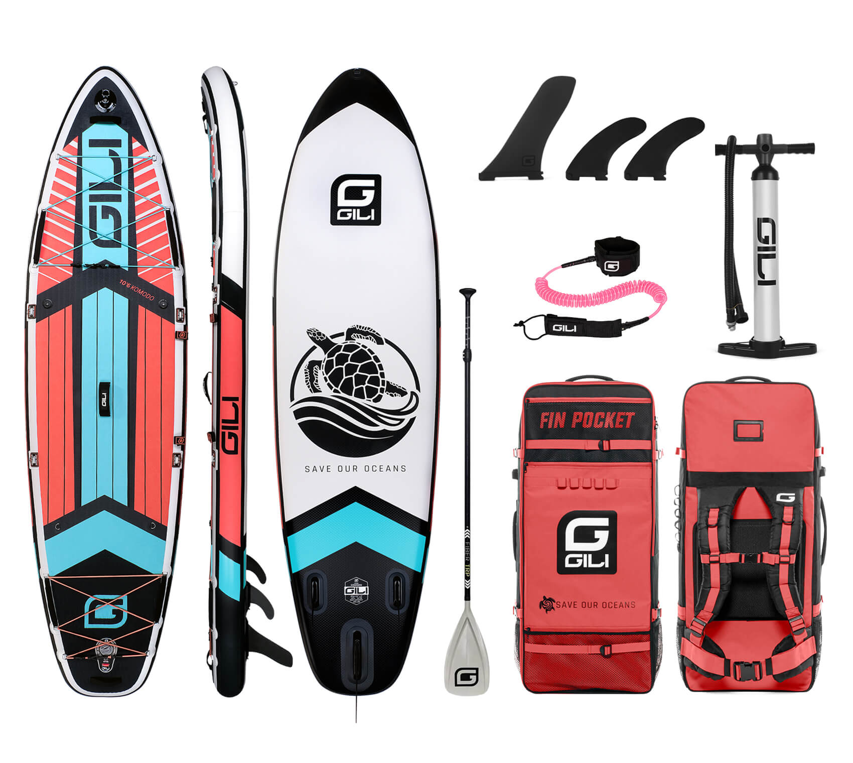 GILI 10'6 Komodo inflatable paddle board package in Coral