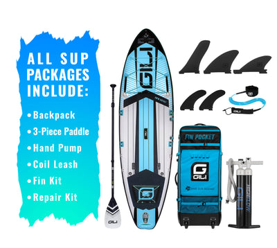 GILI Sports 10'6 Meno Inflatable Stand Up Paddle Board in Blue complete package