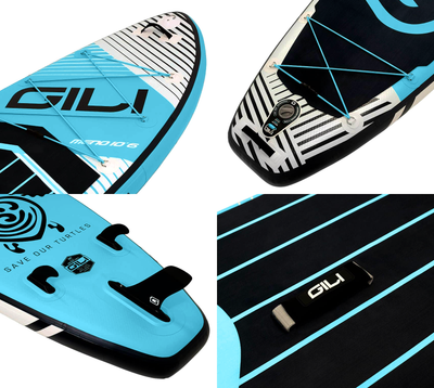 GILI 10'6 Meno inflatable paddle board detail shots in Blue