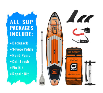 GILI 11' Adventure Orange paddle board bundle accessories