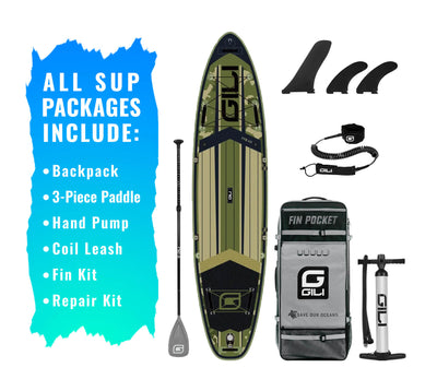 GILI 11'6 AIR Camo inflatable paddle board bundle accessories