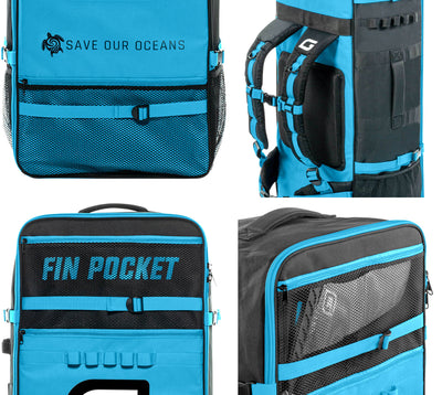 GILI iSUP non-rolling backpack with fin pocket blue detailed shots