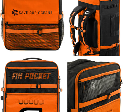 GILI iSUP non-rolling backpack with fin pocket Orange detailed shots