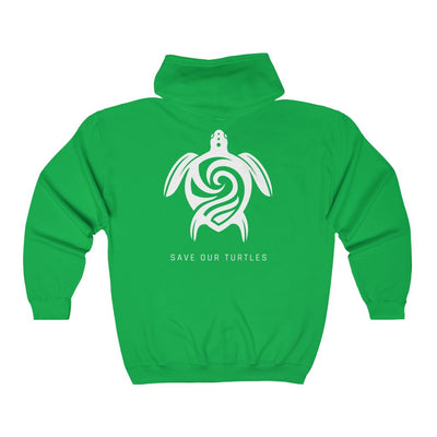Save Our Turtles Full Zip Hooded Sweatshirt green back