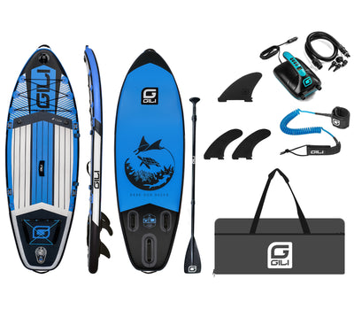 GILI 8' Cuda Blue inflatable paddle board package with electric pump