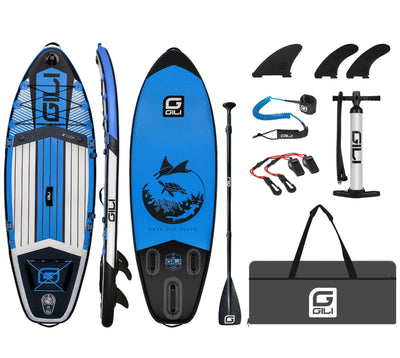GILI 8' Cuda Blue inflatable paddle board package with whistle and hand pump