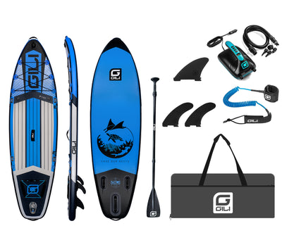 GILI 9' Cuda Blue inflatable paddle board package with electric pump