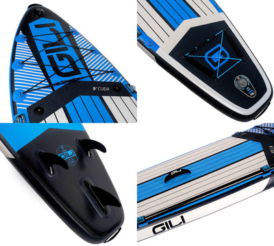 GILI 9' Cuda inflatable paddle board detail shots in Blue