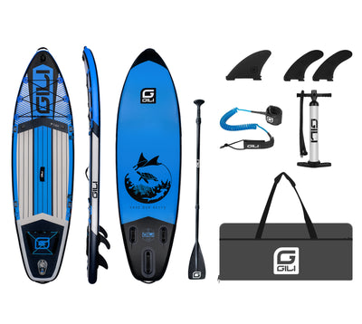 GILI 9' Cuda Blue inflatable paddle board package with handpump