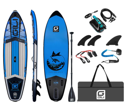 GILI 9' Cuda Blue inflatable paddle board package with whistle and electric pump