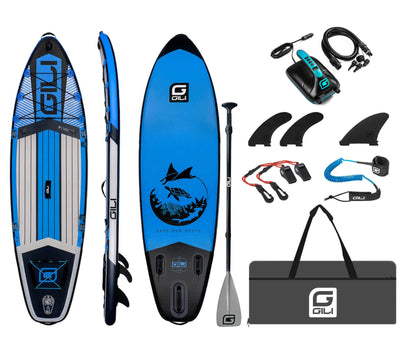 GILI 9' Cuda Blue inflatable paddle board package with whistle and electric pump